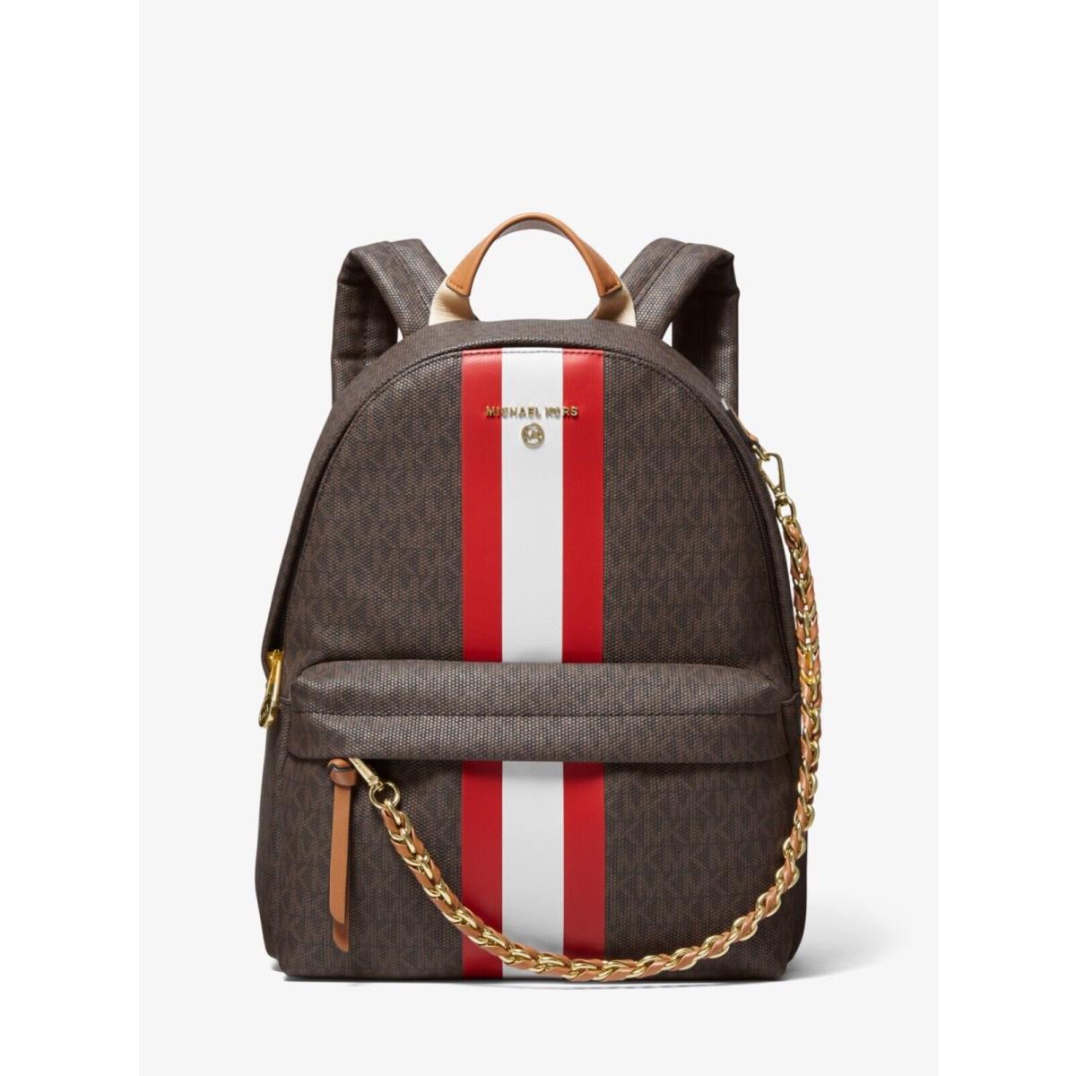 Michael Kors Slater Medium MK Signature Logo Stripe Brown Multi Backpack