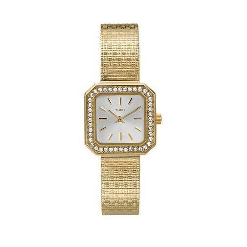 New-timex Gold Tone Mesh Band Crystal Bezel Square Small Dial WATCH-T2P550