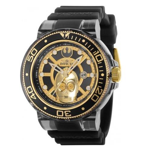 Invicta Star Wars C-3PO Men`s 52mm Anatomic Limited Edition Quartz Watch 39709 - Dial: Gold, Band: Black, Bezel: Gold