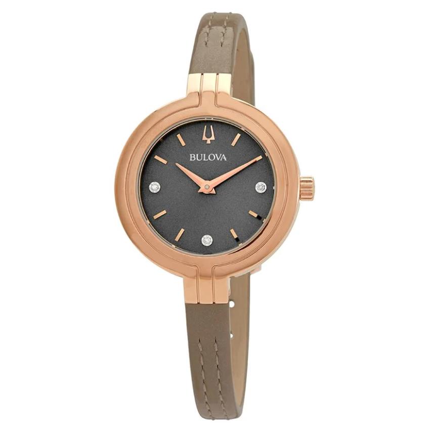 Bulova 97P143 Rhapsody Taupe Rose Gold Diamond Dial Taupe Leather Womens Watch - Dial: , Band: , Bezel: Rose Gold