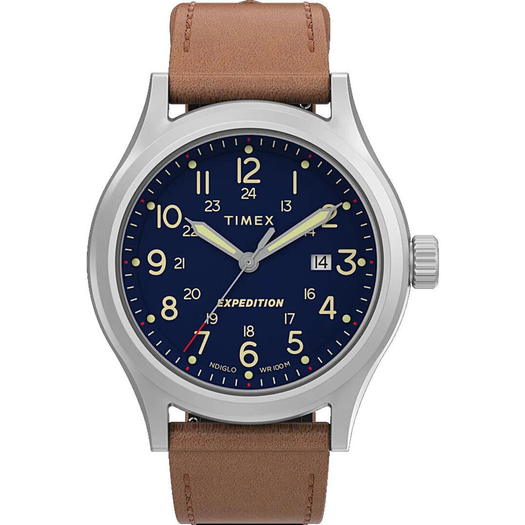 Timex TW2V22600 Men`s Indiglo Expedition Sierra Leather Band Blue Dial Watch - Blue Dial, Brown Band, Silver Bezel