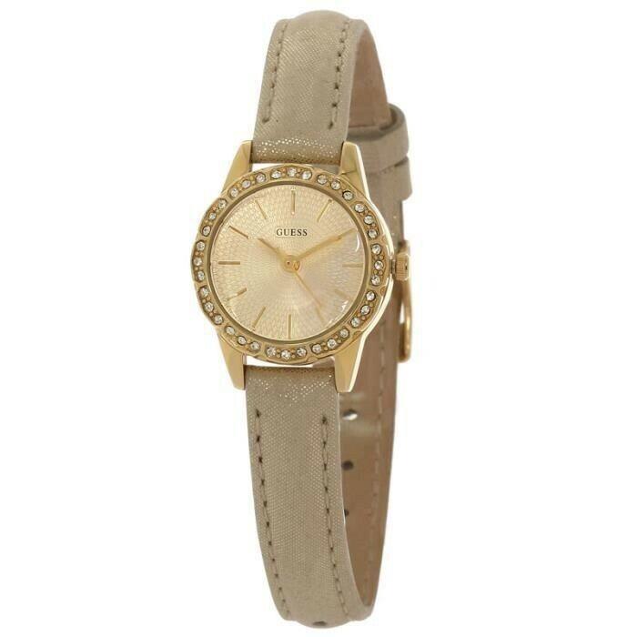 Guess Quartz W0582L1 Mini Golden Rhinestones Dial Leather Band Women`s Watch