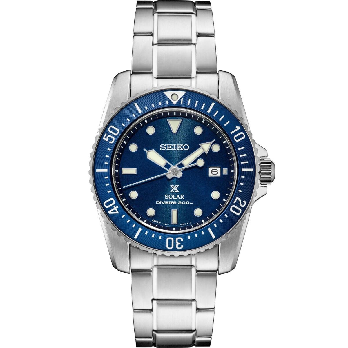 Seiko Prospex SNE585 38.5mm Solar-powered Men`s Diver`s Watch - Dial: Blue, Band: Silver, Bezel: Blue