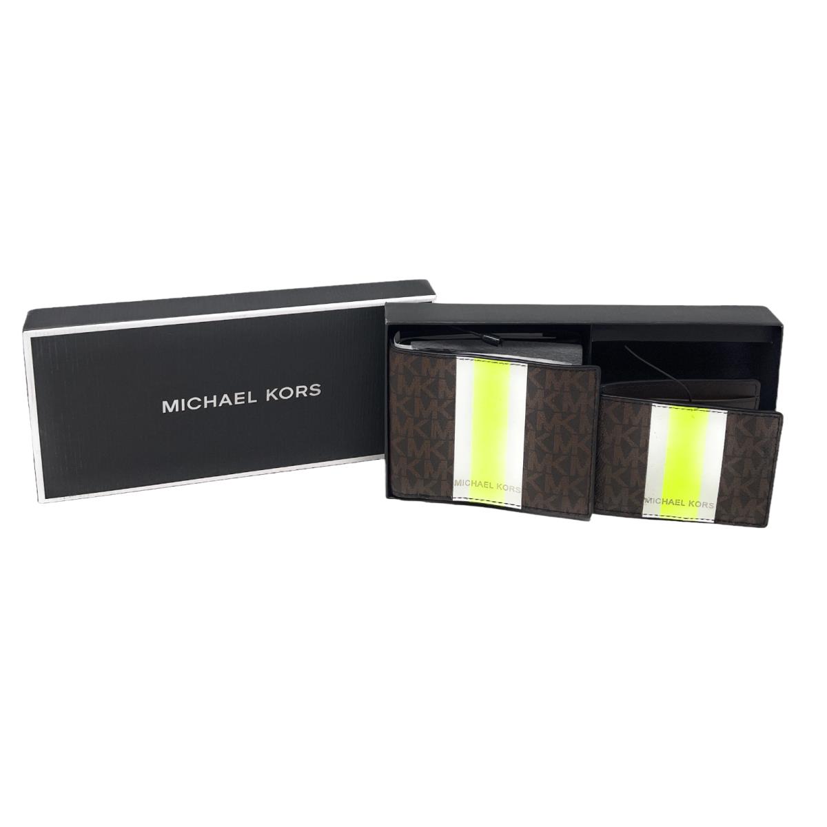 Michael Kors Men`s 3 in 1 Box Set Bifold Wallet Credit Card Holder Brown Neon Signature