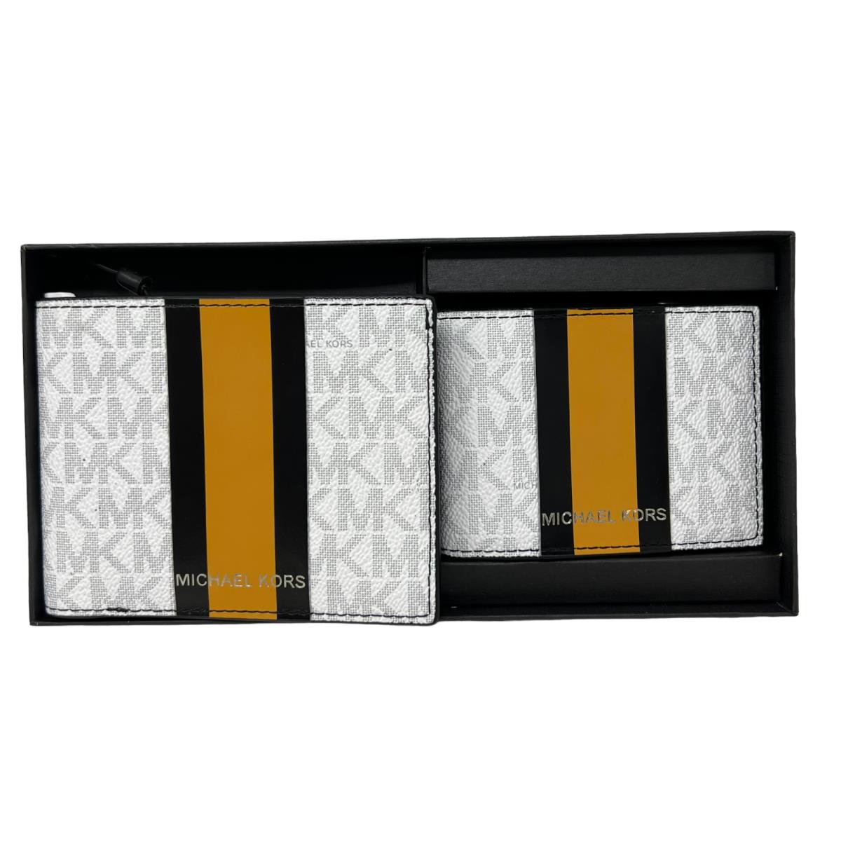 Michael Kors Men`s 3 in 1 Box Set Bifold Wallet Credit Card Holder Honey Comb/White Signature