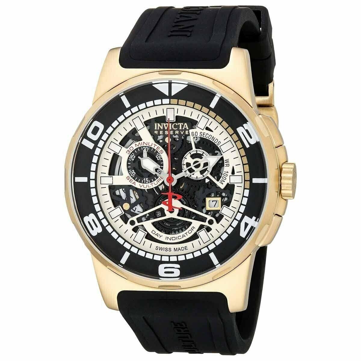 Invicta Men`s Watch Reserve Sea Vulture Black Silicone Rubber Strap Chrono 18947 - Skeleton, Dial: Skeleton, Band: Black