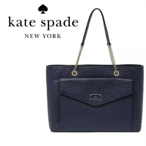 Kate Spade New York Halsey A La Vita Ostrich Leather Bag - French Navy - Navy Blue Exterior, Blue Lining, navy blue Handle/Strap