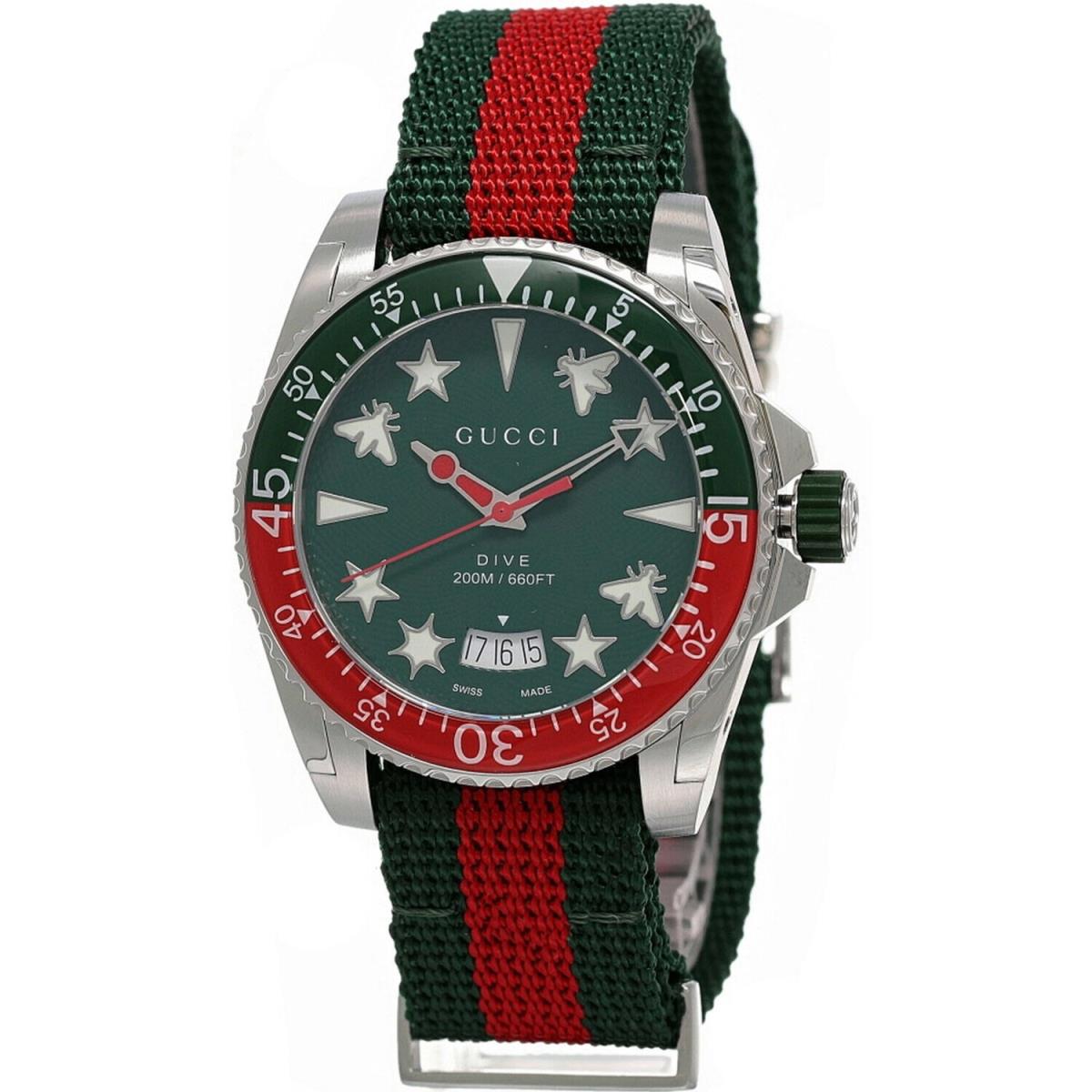 Gucci Men`s Dive Green Dial Watch - Dial: Green, Band: Red, Green, Bezel: Red, Silver, Green