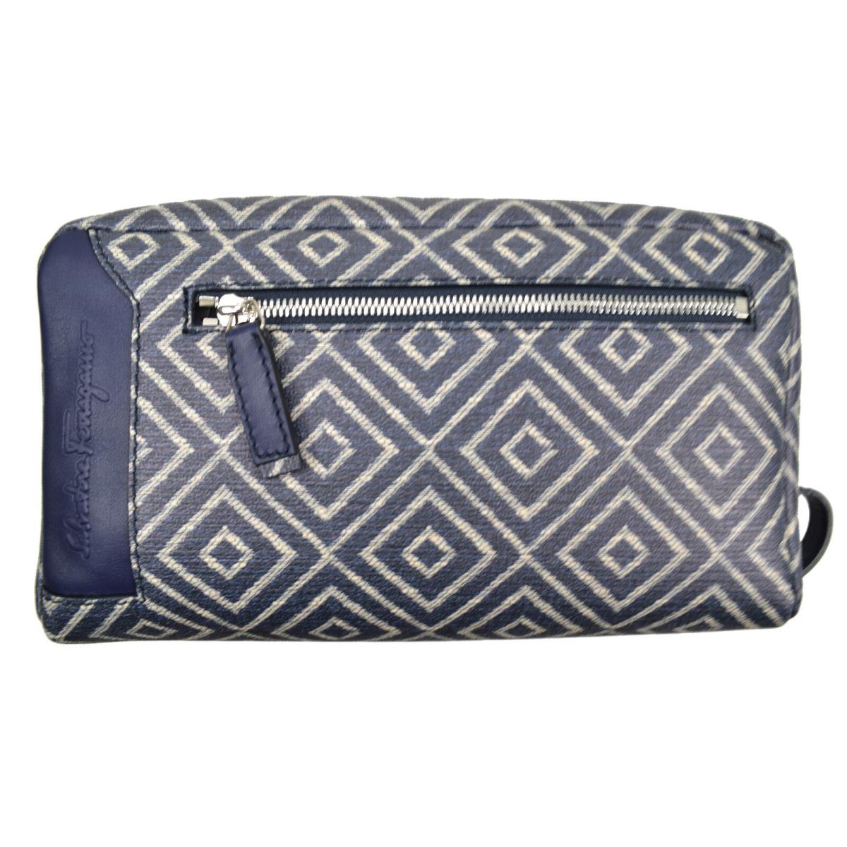 Salvatore Ferragamo Blue Geometric Print Canvas Rectangle Kit Zip Bag Purse