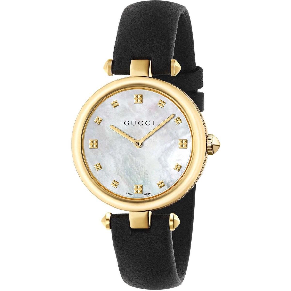 Gucci YA141404 Diamantissima 32MM Women`s Black Leather Watch - Dial: Mother of Pearl, Band: Black