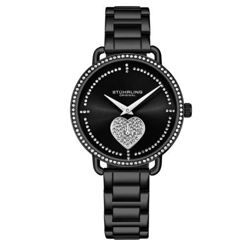 Stuhrling 3910 5 Vogue Valentina Quartz Crystal Accented Bracelet Womens Watch - Black Dial, Black Band, Black Bezel