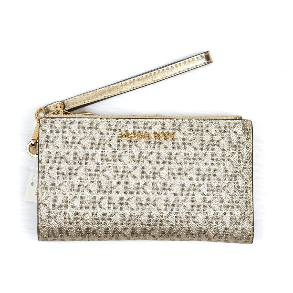 Michael Kors Jet Set Pale Gold Metallic Double Zip Wristlet Phone Case Wallet