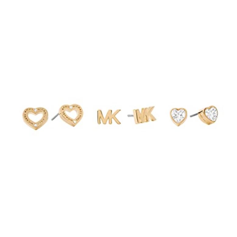 Michael Kors Rose Gold 3 Set Heart Pave MK Logo Crystal Stud Earrings