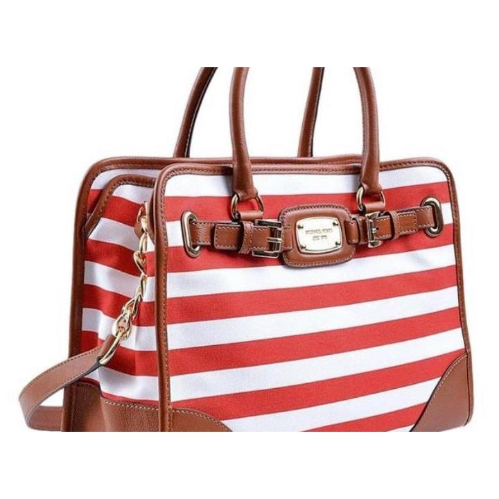 Michael Kors Hamilton Large Red White Stripe Brown Leather Tote Bag Purse