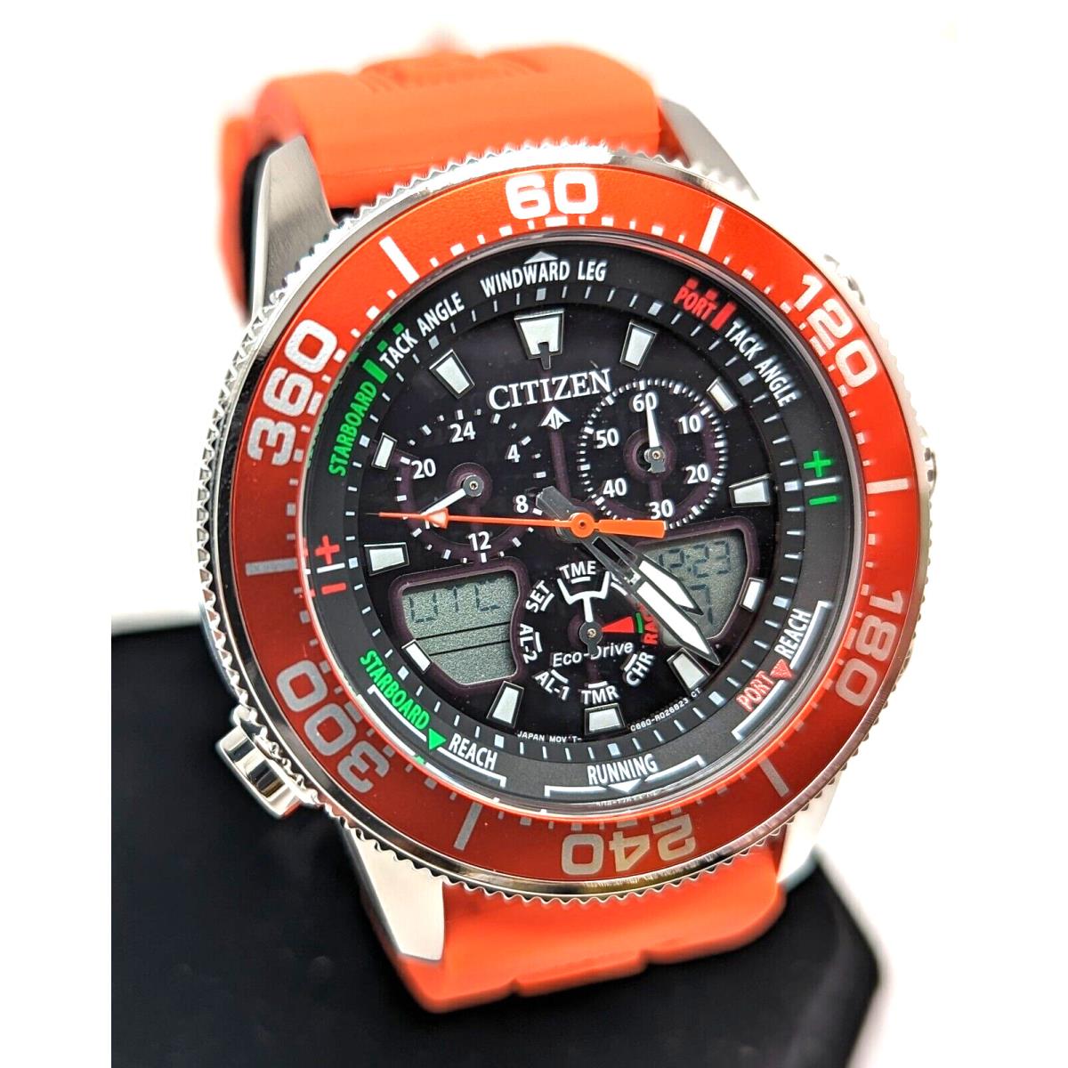 Citizen World Time Promaster Sailhawk Chronograph Men`s Watch JR4061-00F - Dial: Black, Band: Orange, Bezel: Orange