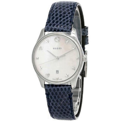 Gucci G-timeless White Mother Of Pearl Dial Blue Leather Straps Watch YA126588