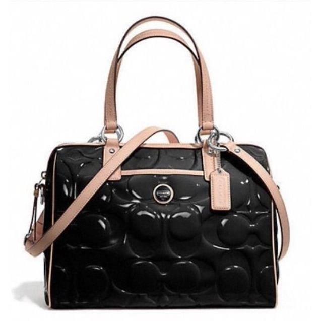 Coach Signature Stripe Embossed Patent Leather Satchel 25189 Black/tan