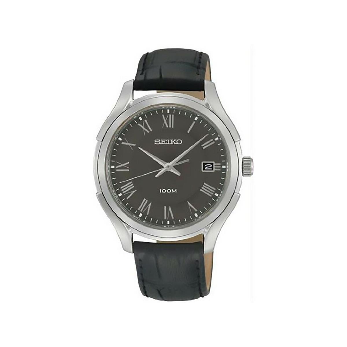 Seiko Stainless Steel Case Gray Dial Black Leather Strap Date Display