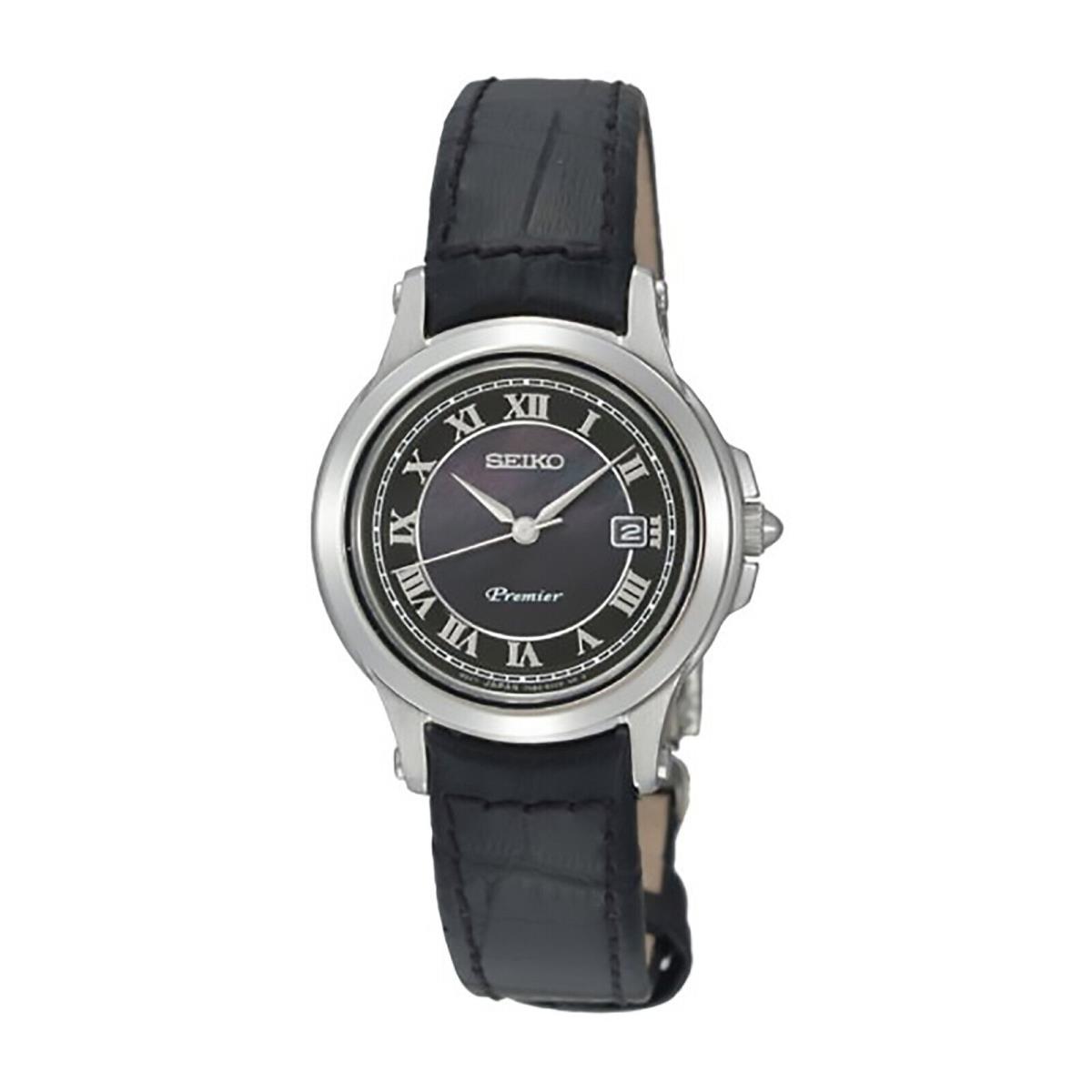 Womens Silver Tone Black Leather Black Dial Watches Seiko Seiko Premier SXDE05P1