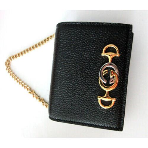 Gucci Zumi Black Leather Gold Chain Bi-fold Mini Wallet W/box 570660