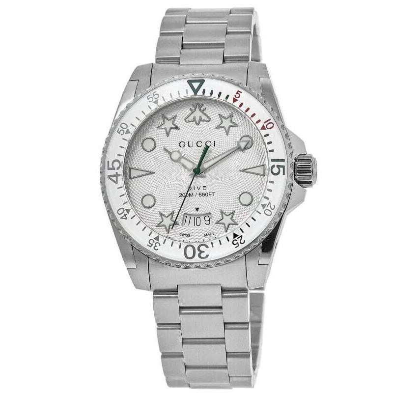 Gucci Dive 40mm Silver White Steel Men`s Watch YA136336 - Face: Silver, Dial: Silver, Band: Silver