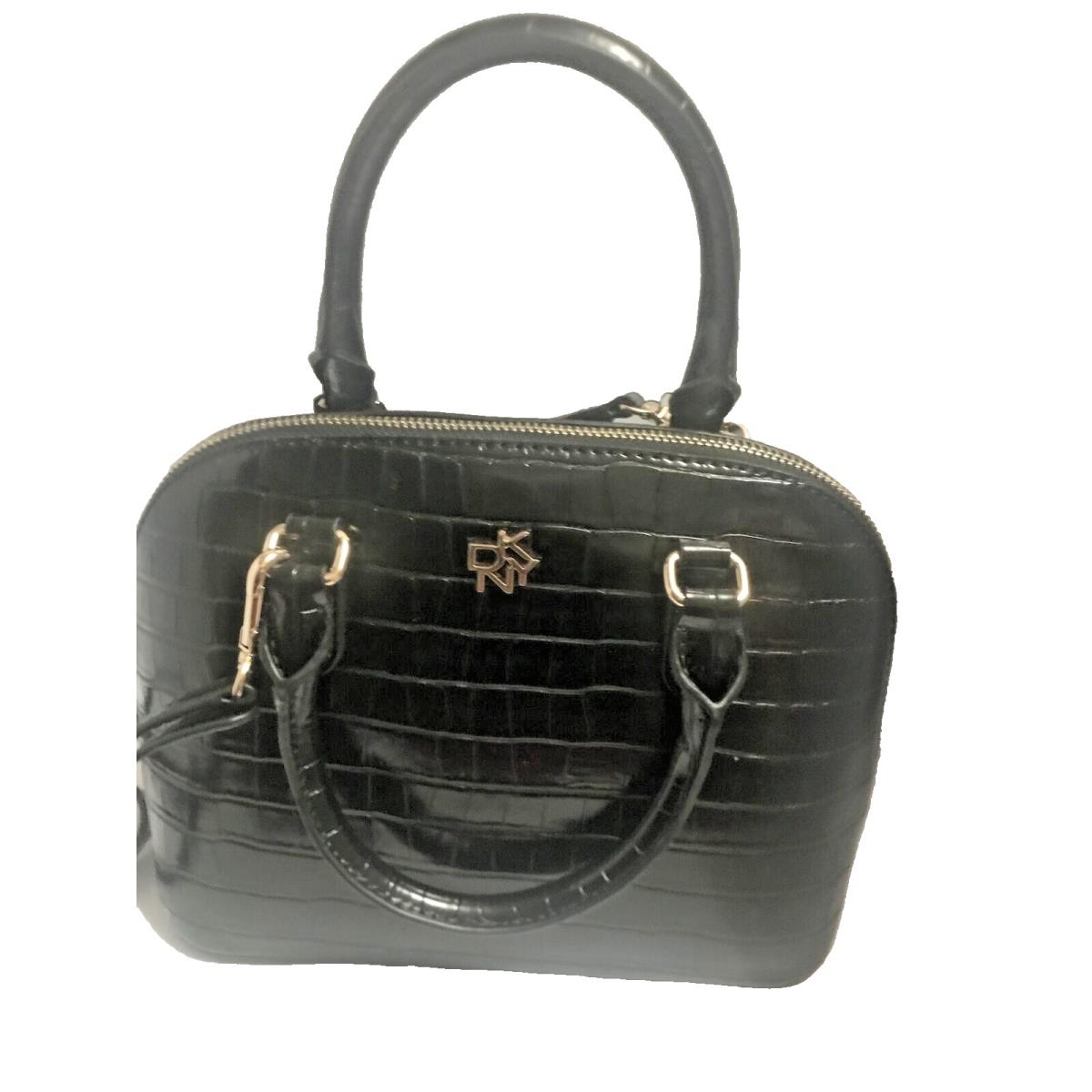 Dkny Catherine Dome Black Gold Croc Embossed Satchel Handbag Msrp: