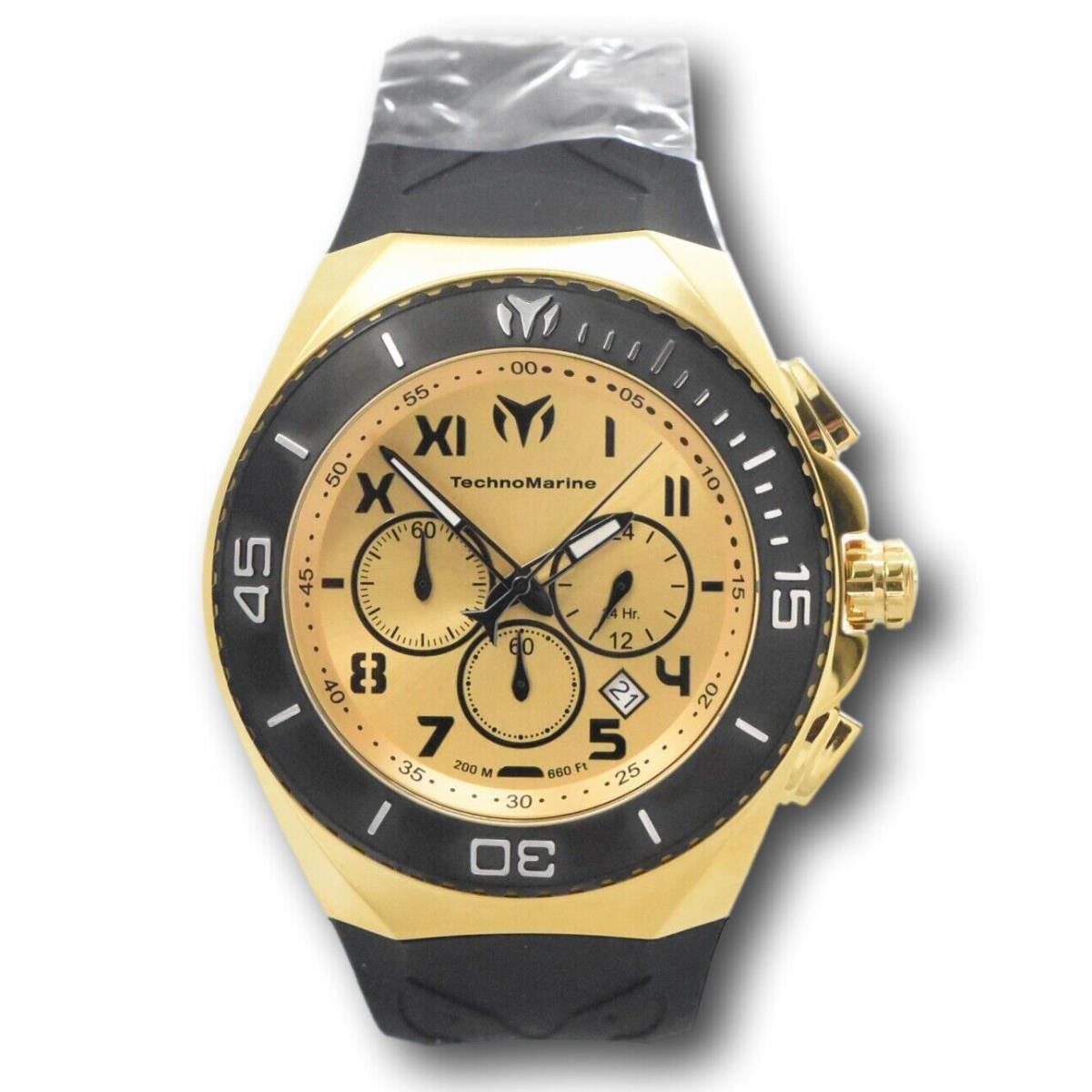 Technomarine Ocean Manta Men`s 48mm Mixed Silicone Chronograph Watch TM-220017 - Dial: Champagne, Gold, Yellow, Band: Black, Bezel: Black, Silver