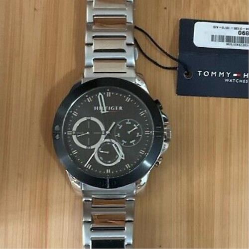 Tommy Hilfiger Multifunction Bracelet Watch with 46mm Black Chronograph Face - Dial: Black, Band: Silver, Bezel: Black