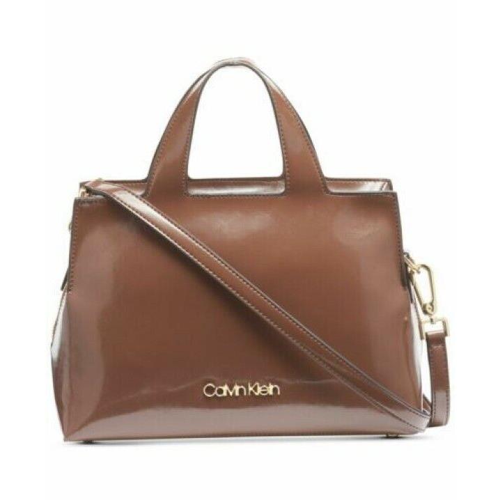 Calvin Klein Neat Satchel Crossbody Walnut Brown Leather Top Zip Around Gold