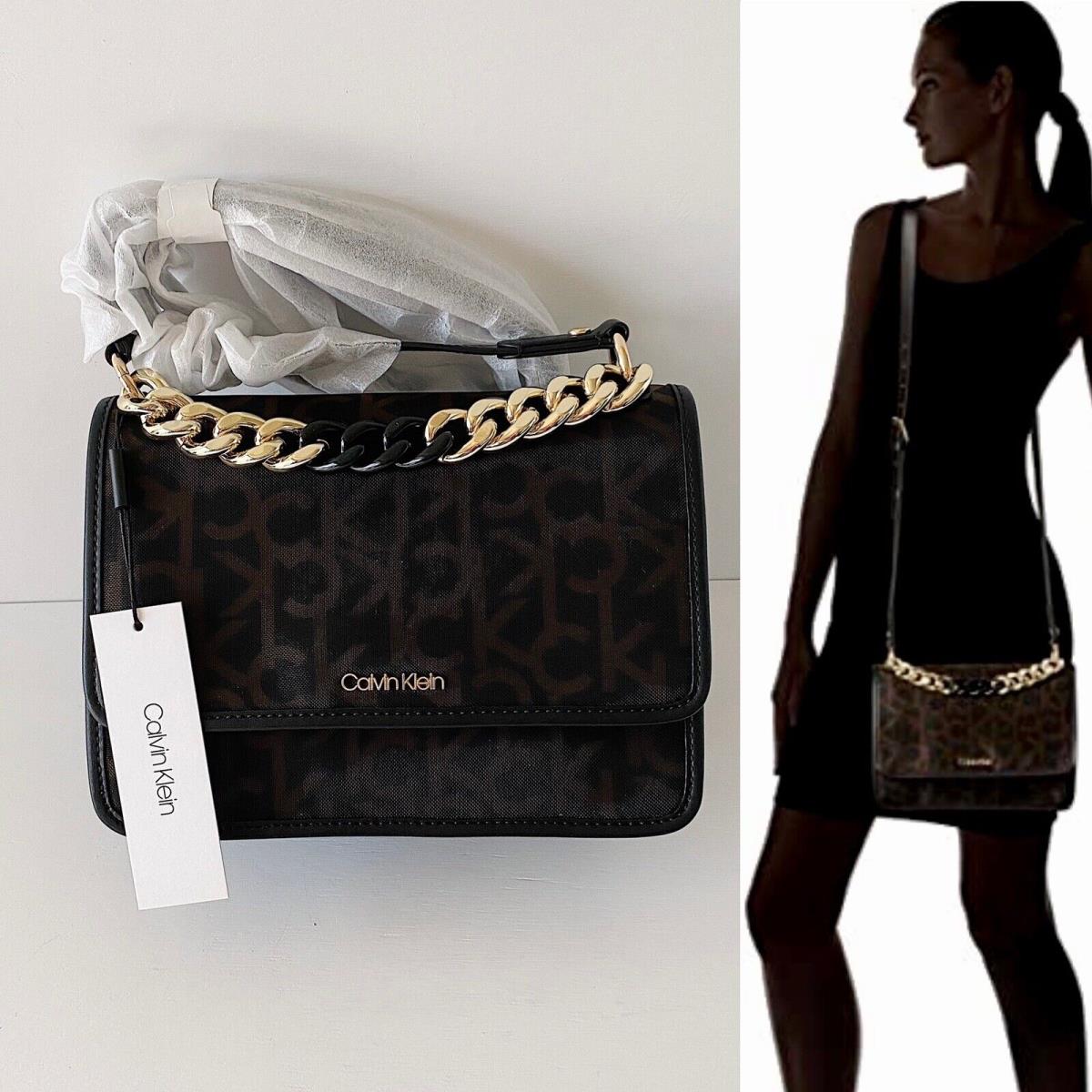 Calvin Klein Ariela Monogram Logo Chain Crossbody Bag Brown