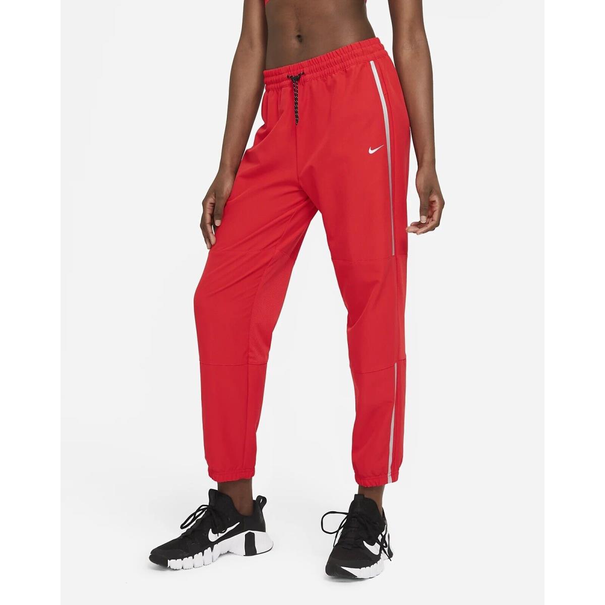 Nike Pro Womens Woven Pants Jogger Chile Red Metallic Silver DA0522 673 - Size L