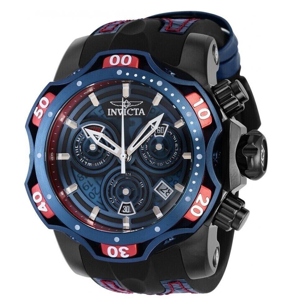 Invicta Venom Gen Iii Men`s 52mm Blue Silicone Swiss Chrono Watch 38718 Rare - Dial: Black, Blue, Band: Black, Blue, Bezel: Blue, Red