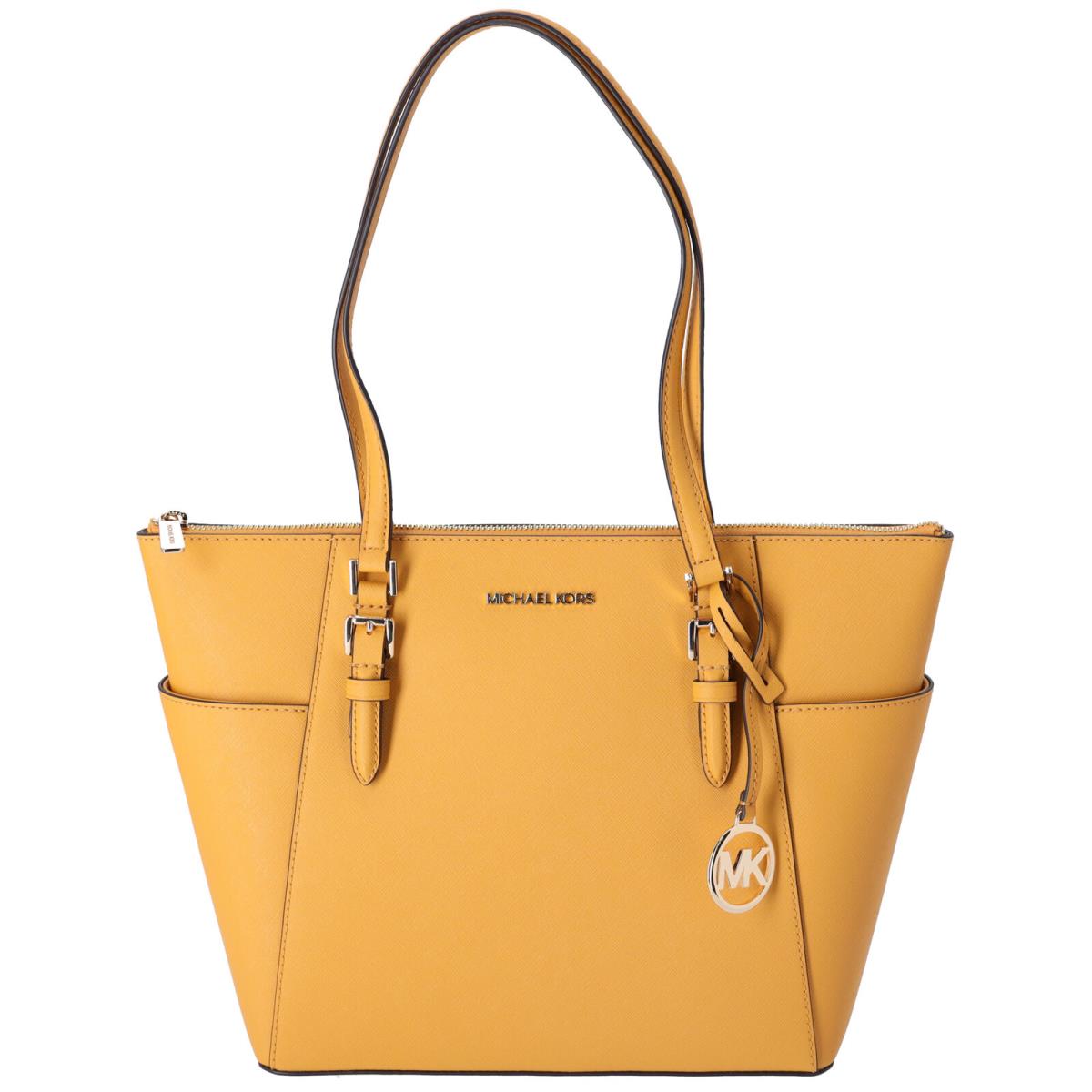 Michael Kors Charlotte Large Top Zip Leather Tote Golden Rod Yellow - Handle/Strap: Golden Rod Yellow, Hardware: Gold, Exterior: Yellow