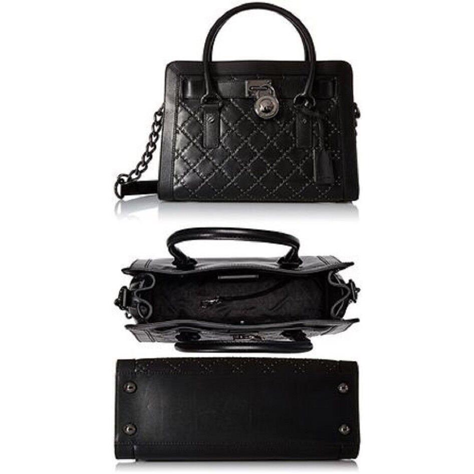 Michael Kors Hamilton Women`s Medium Leather Studded Quilted Satchel Handbag - Exterior: Black