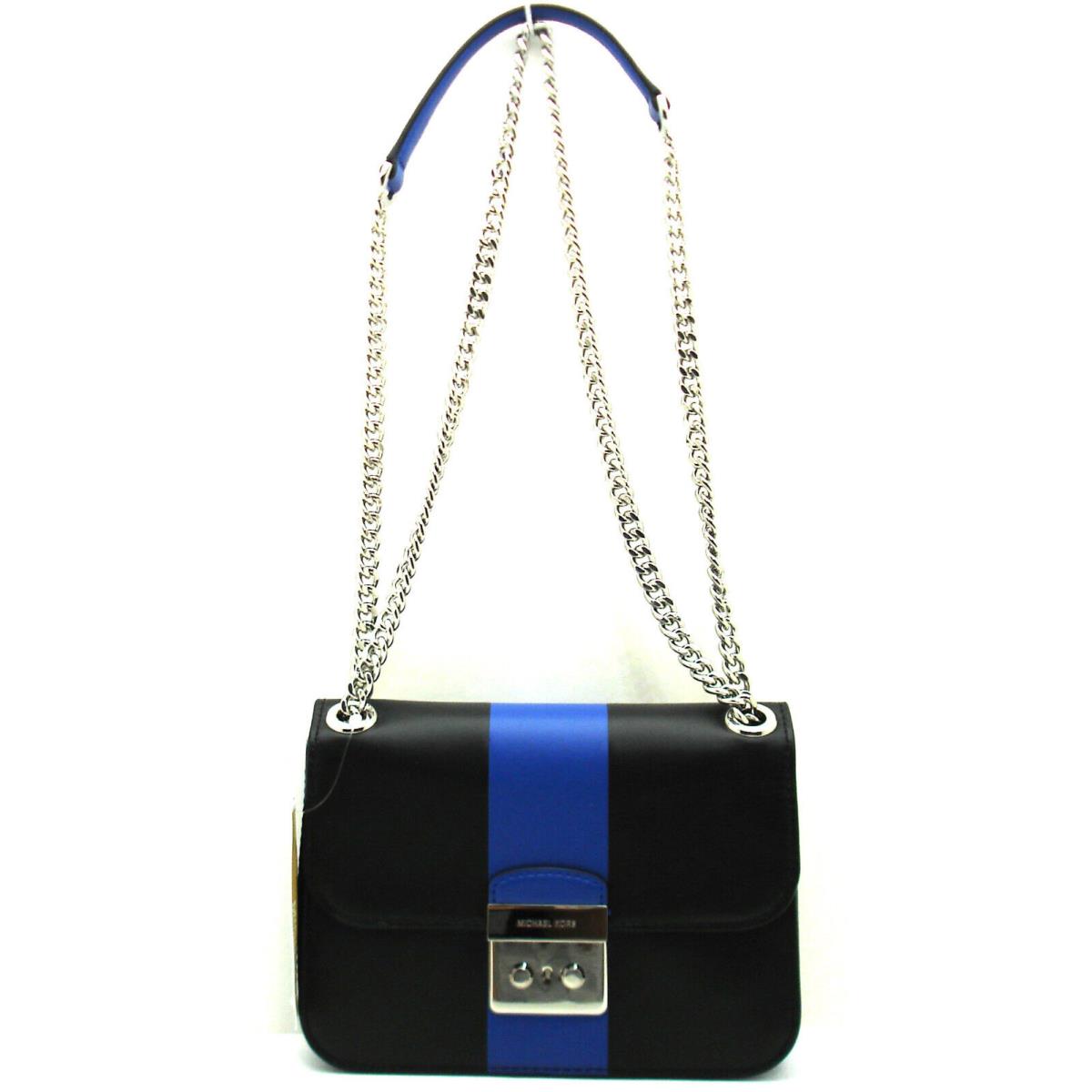 Michael Kors Sloan Center Stripe Med Chain Shoulder Strap Leather Black Blue