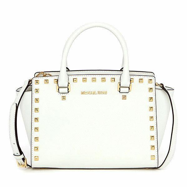 Michael Kors Selma Studded Saffiano Leather Medium White Handbag 30T3GSMS2L - White Exterior