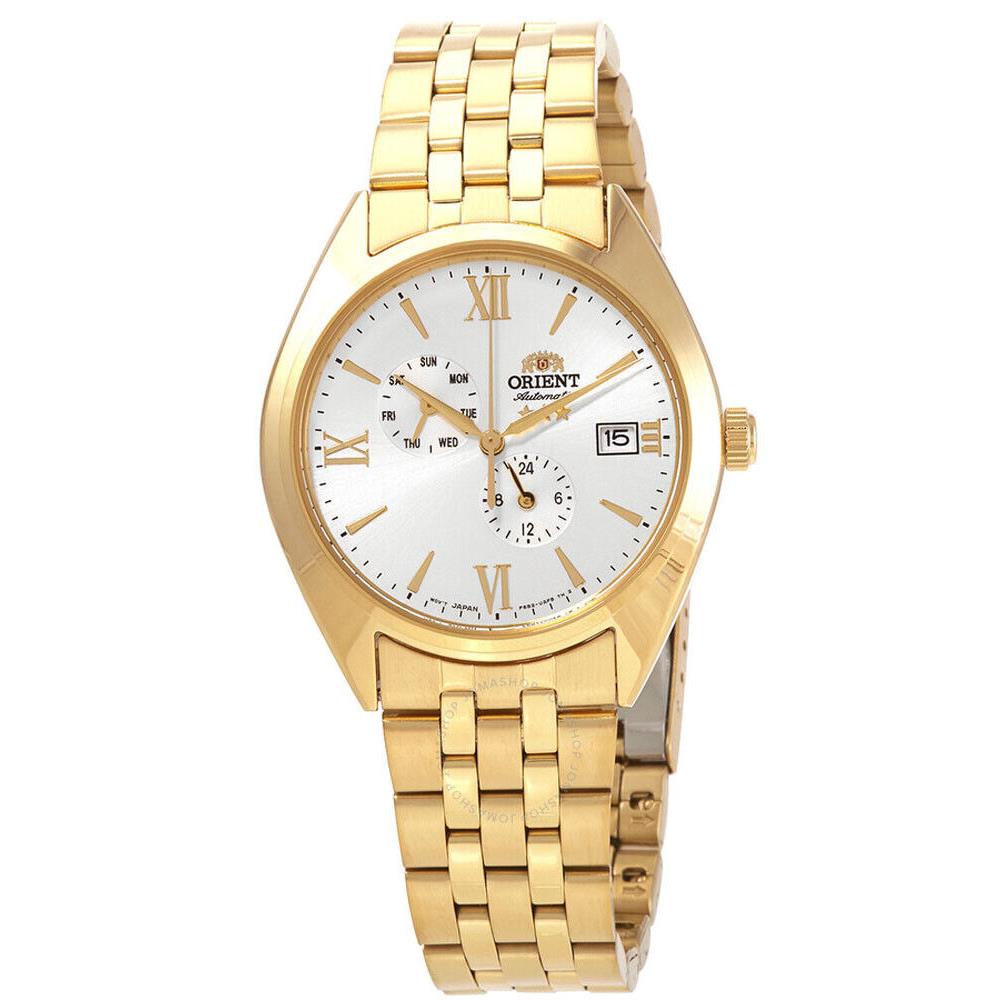 Orient RA-AK0503S Men`s Tri Star Altair Gold Tone Multifunction Automatic Watch - White Dial, Gold Band, Gold Bezel
