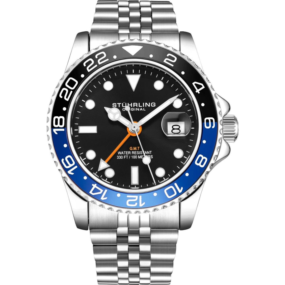 Stuhrling Aqua-diver 3968 Quartz Men`s Silver Bracelet Black Dial Watch