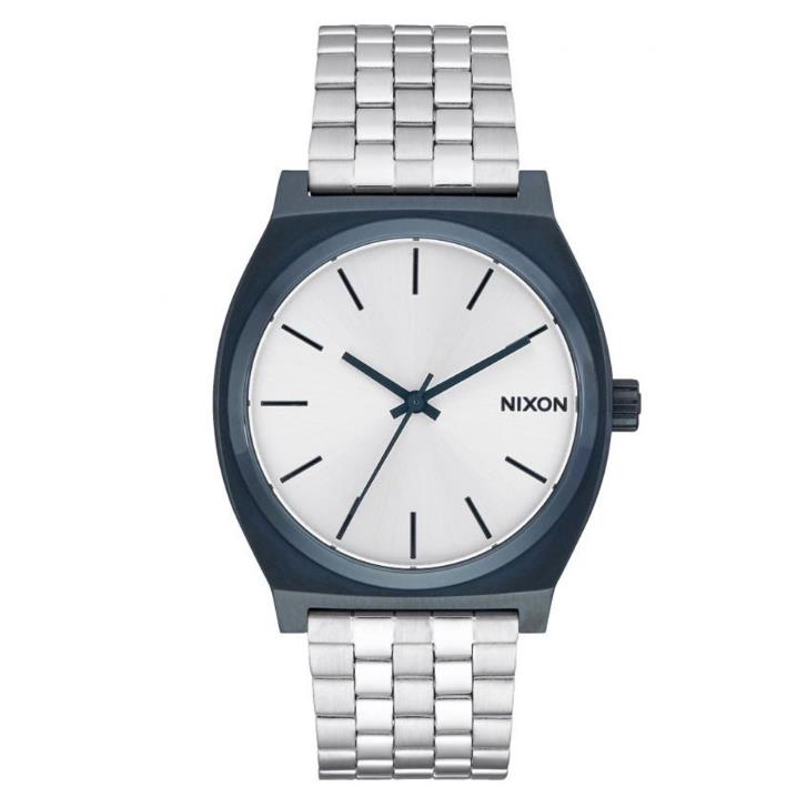 Nixon Time Teller Silver Dial Blue Case Stainless Steel Unisex Watch A045-1849 - Silver Dial, Silver Band, Blue Bezel