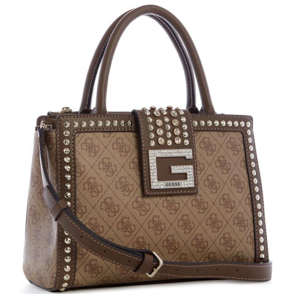 Guess Women`s Brown Logo Print Studded Bling Satchel Handbag Purse Crossbody