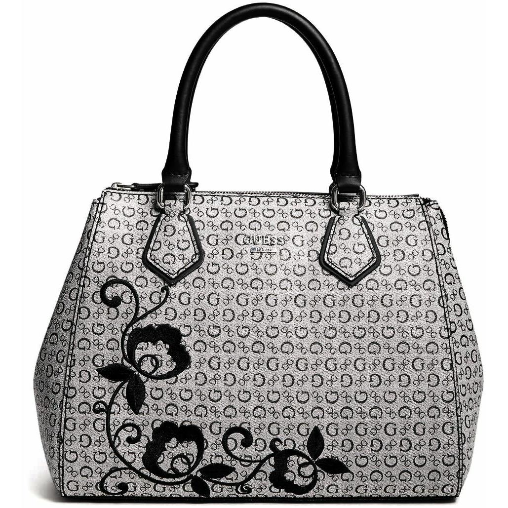 Guess Women`s Curran Black Gray Logo Floral Embroidered Satchel Handbag Purse - Handle/Strap: Gray, Hardware: Gray, Lining: Gray