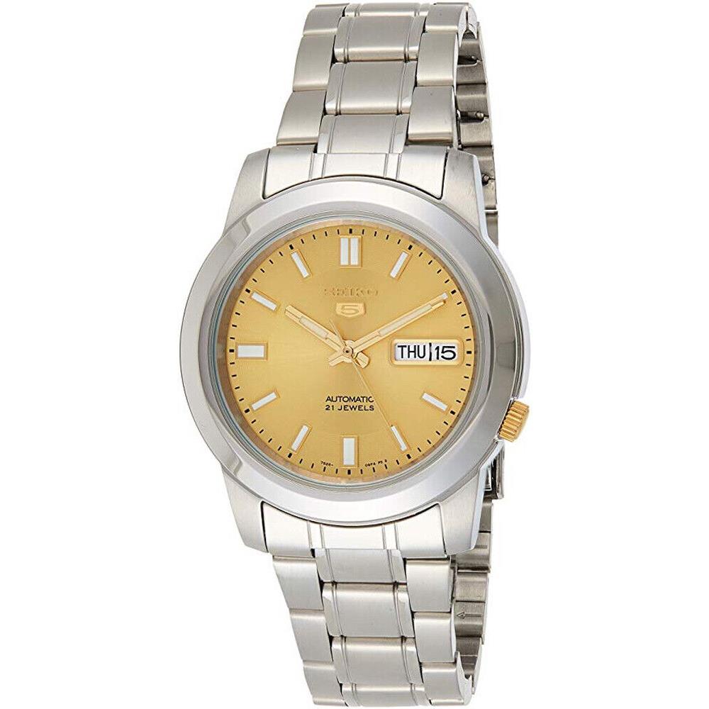 Seiko 5 SNKK13 Men`s Stainless Steel Gold Dial Lumbrite Index Automatic Watch