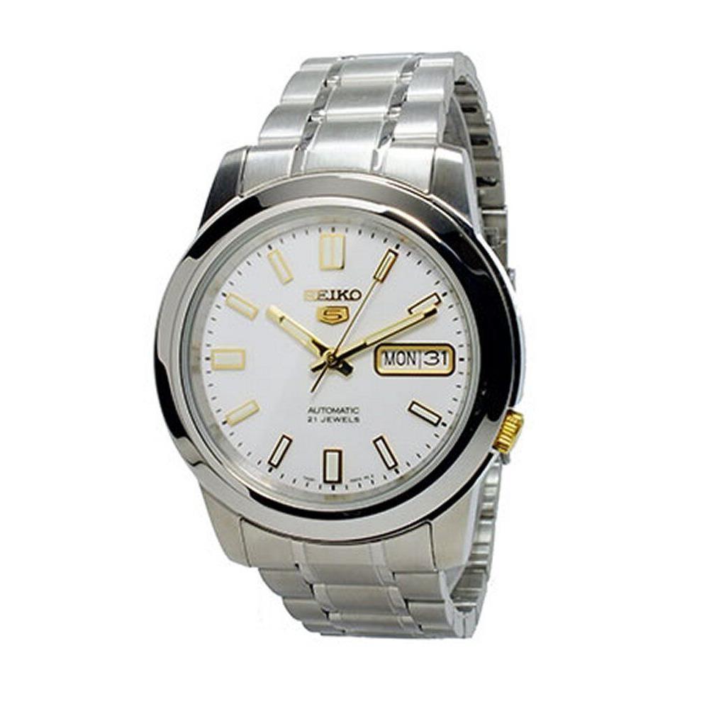 Seiko 5 Automatic Men`s Watch SNKK07K1 White Silver Stainless Gold Accents