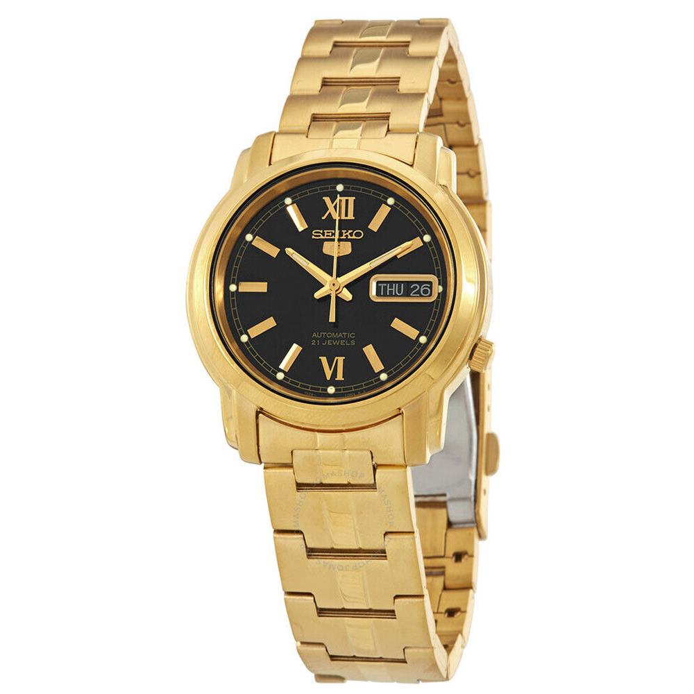 Seiko 5 SNKK86 Men`s Gold Tone Stainless Steel Black Dial Automatic Watch
