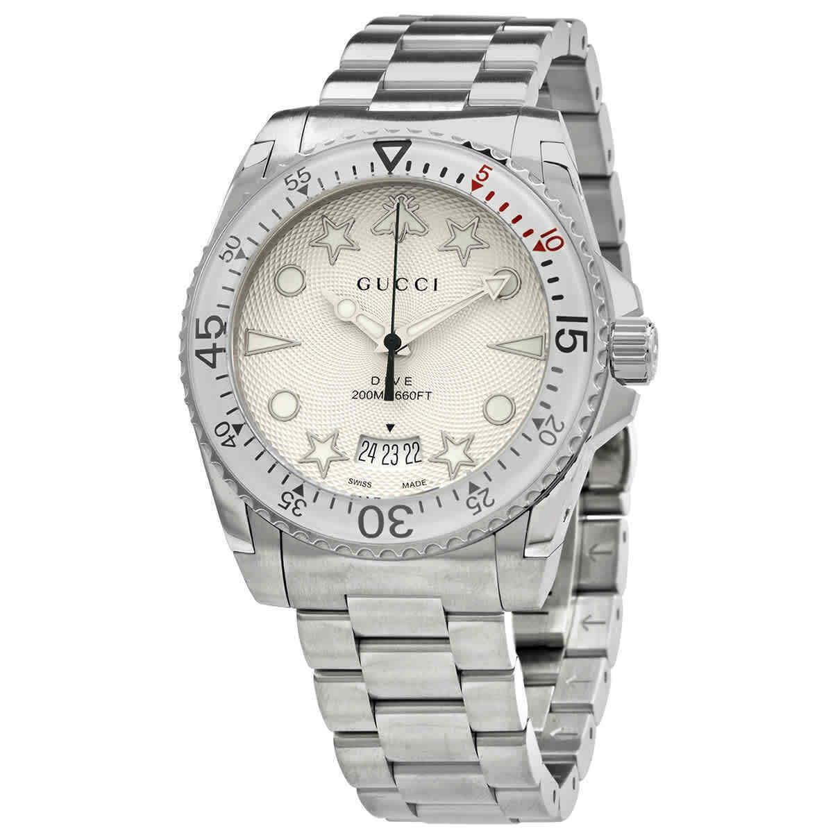 Gucci Dive Quartz Silver Dial Men`s Watch YA136336 - Dial: Silver, Band: Silver, Bezel: Silver