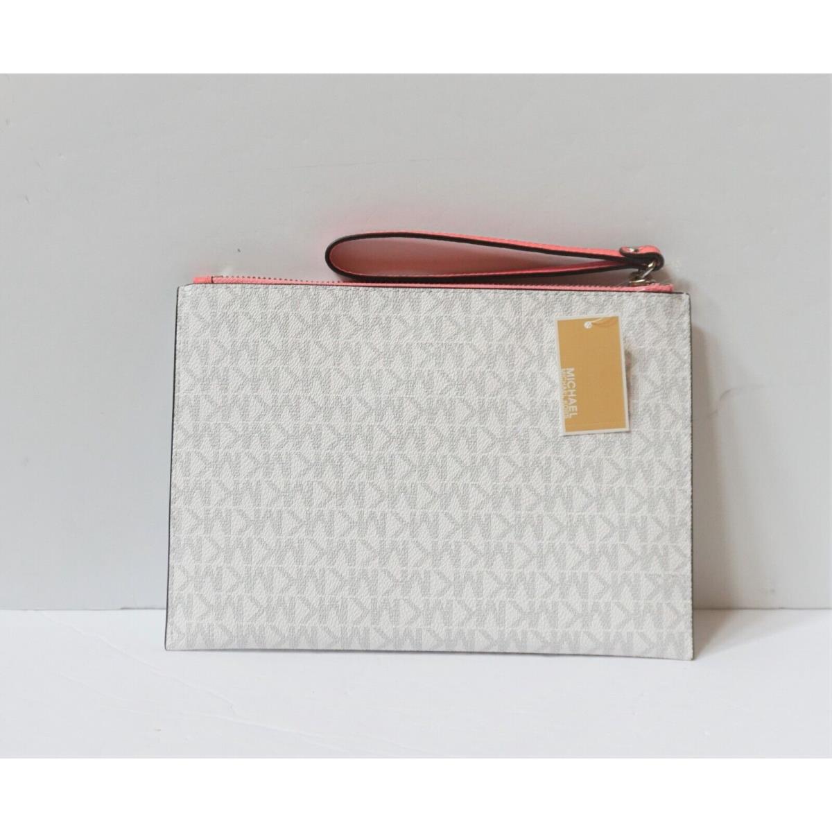 Michael Kors Jet Set Travel XL Clutch Wristlet Pvc Leather Studded MK White Grapefruit Pink