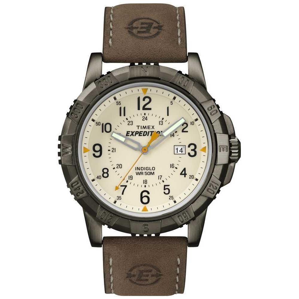 Timex T49990 Men`s Expedition Brown Leather Watch Indiglo Date - Dial: Cream, Band: Brown