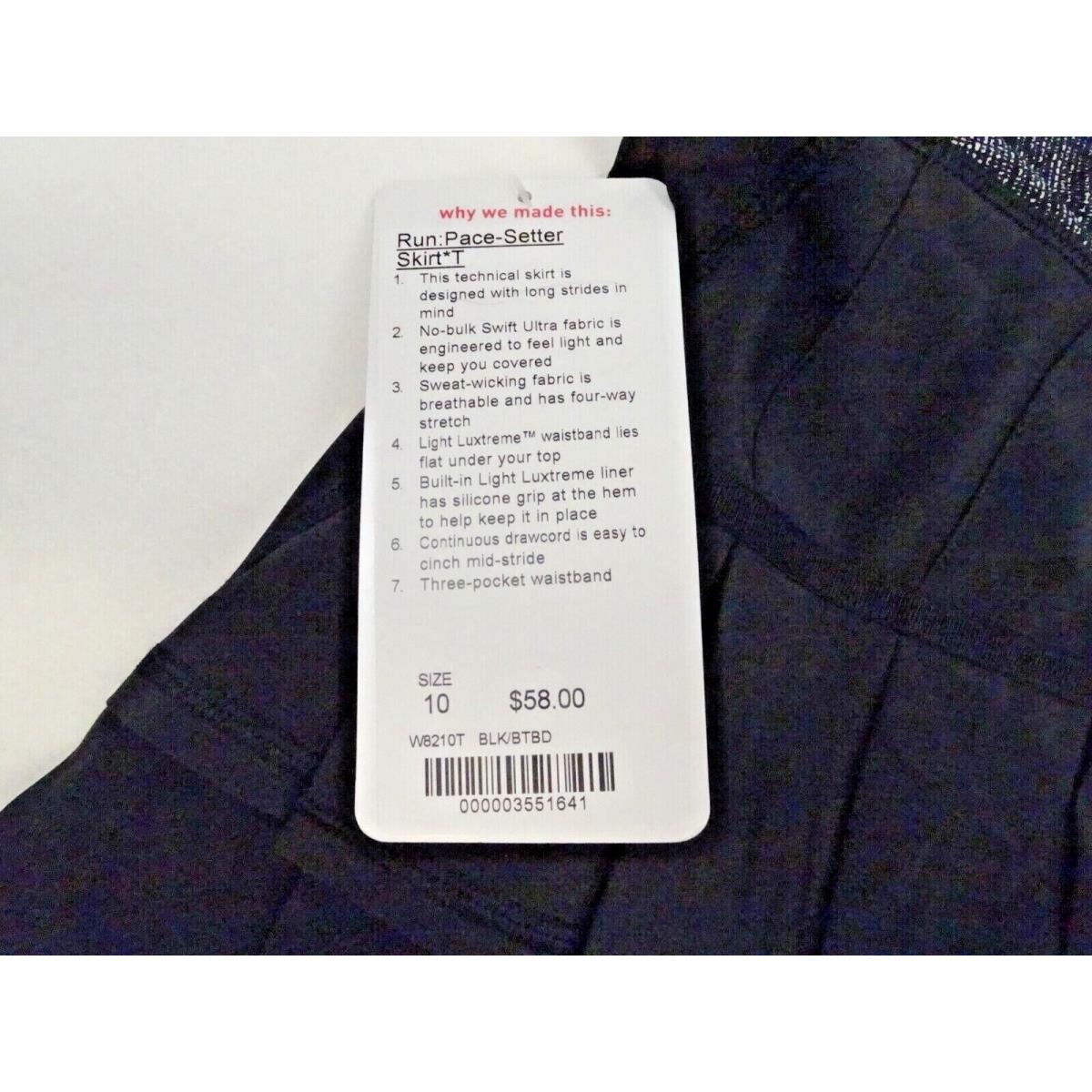 Lululemon Pace Setter Skirt Skort Tennis Run 10 Tall Black White Woman