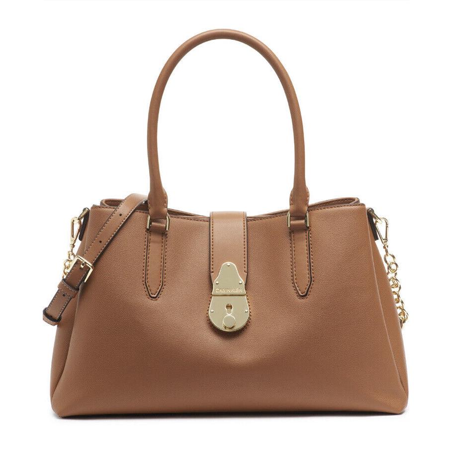 Calvin Klein Lock Satchel Luxe Leather and a Refined Carame/gold Brown