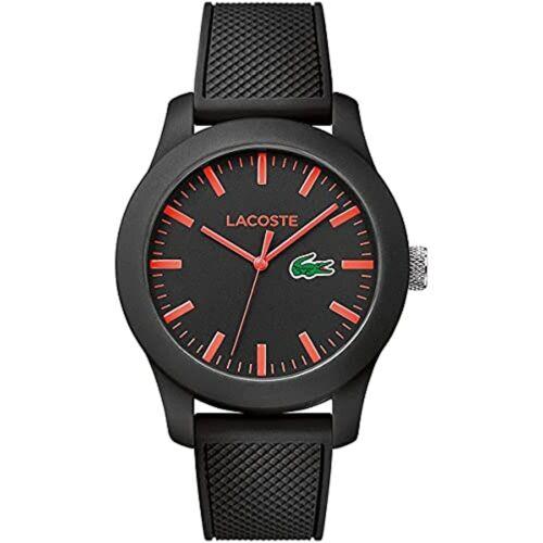 Lacoste 2010794 Black Dial Silicone Strap Red Marks Date Men`s Watch
